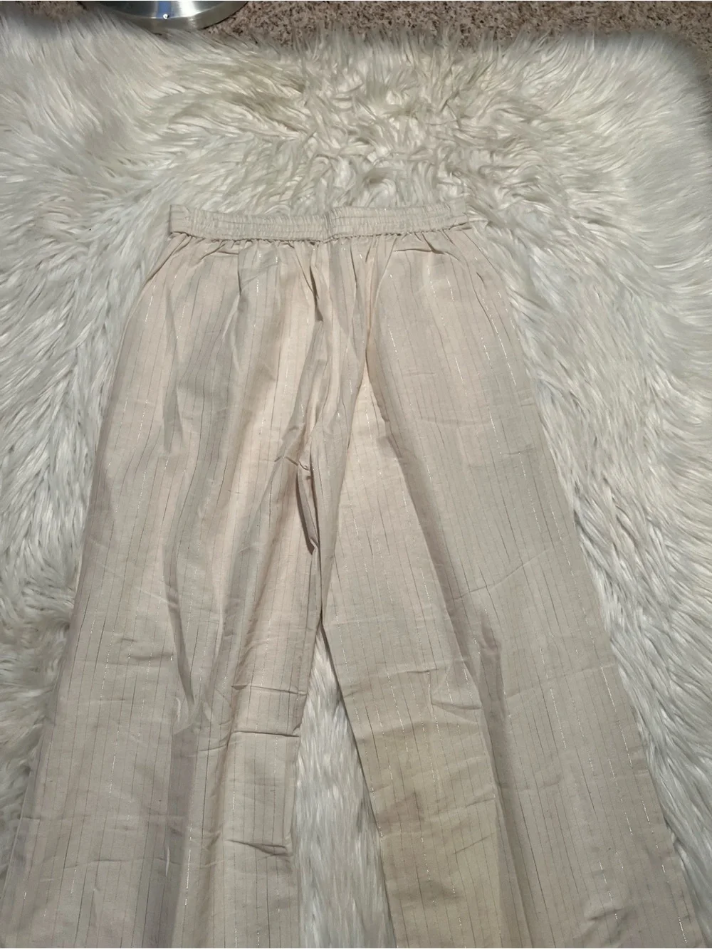 Women's Size 34 Pull On Pant Cream Metallic Silver Pinstripe Linen Semi-Sheer